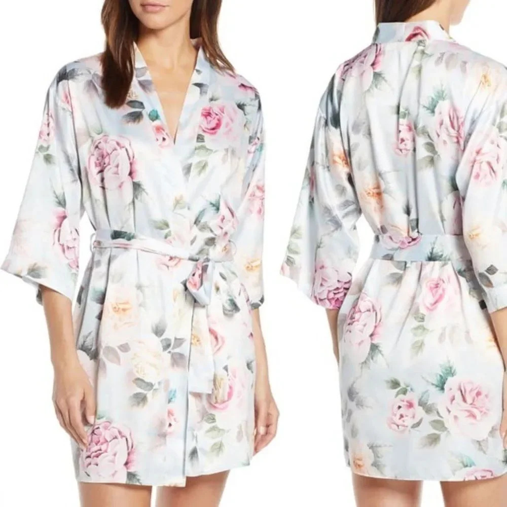 FLORA NIKROOZ Blue Satin Floral Robe Size Medium Large